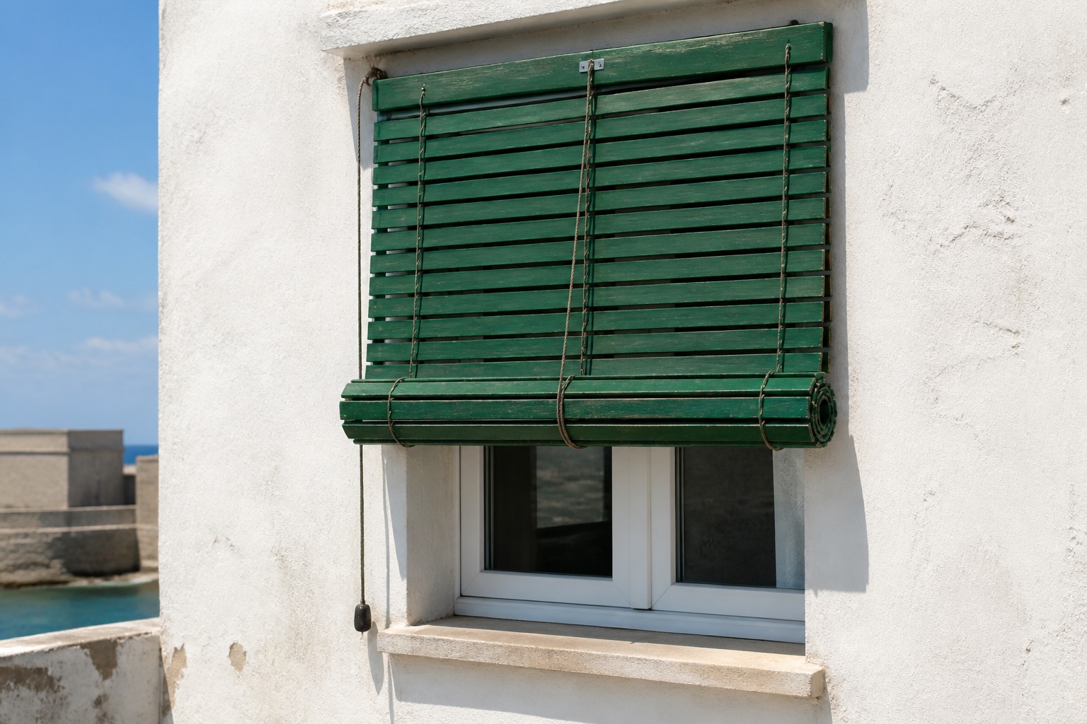 Cassina siciliana verde su una casa bianca vicino al mare