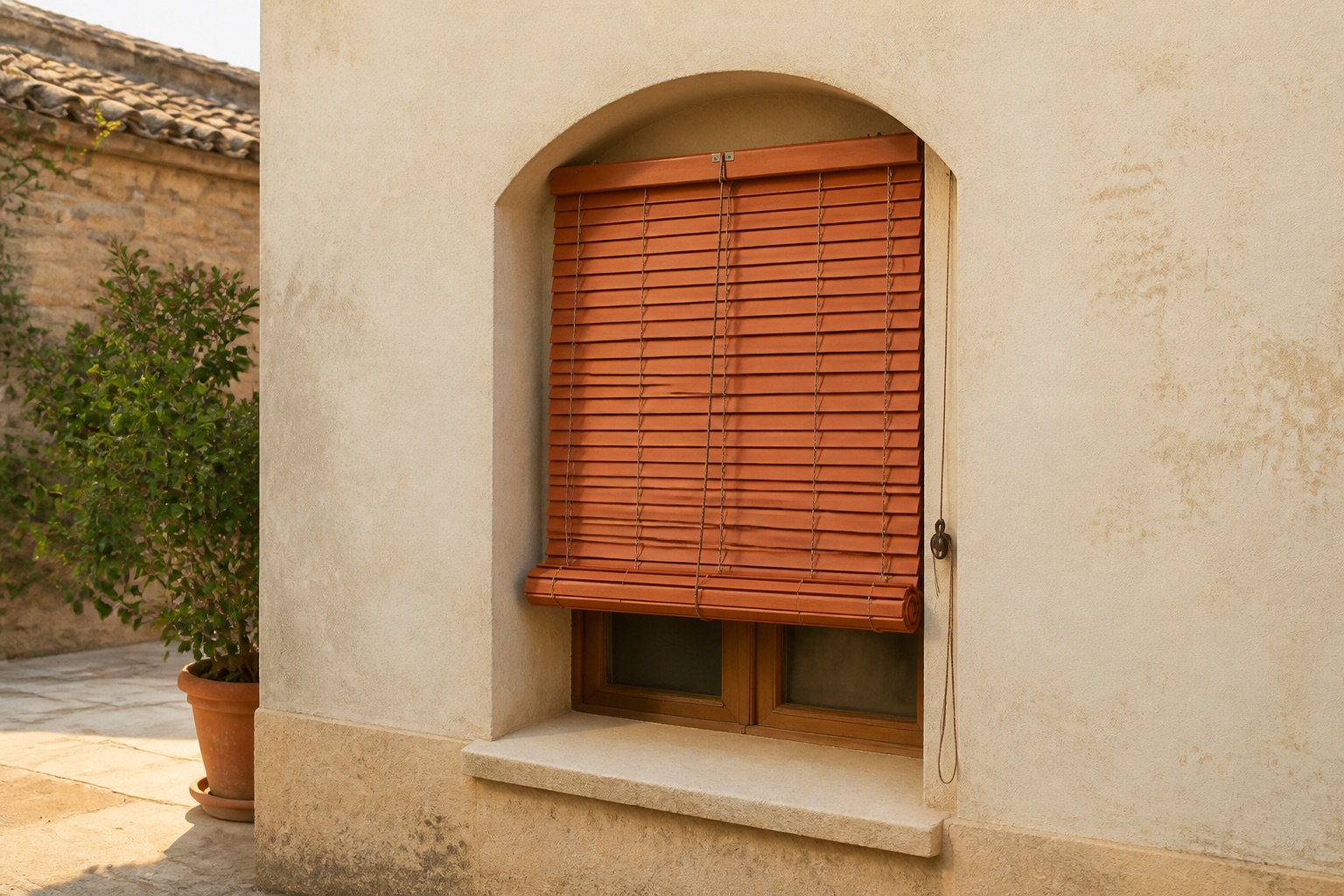Cassina siciliana terracotta installata su una finestra ad arco