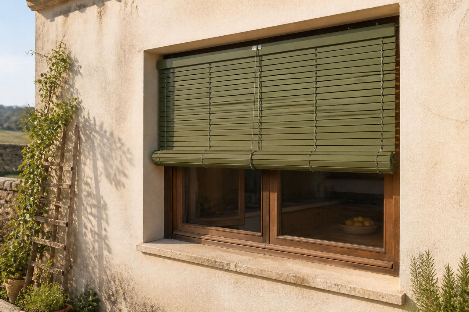 Cassina siciliana verde oliva su una finestra di campagna