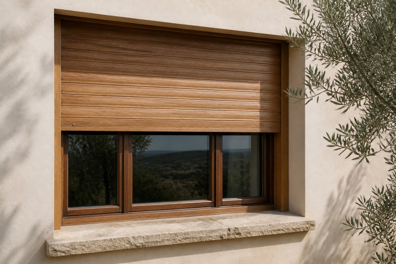 Avvolgibile in legno naturale su una casa mediterranea