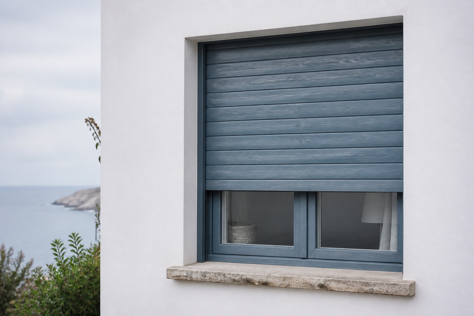Avvolgibile in legno verniciato blu grigio vicino al mare