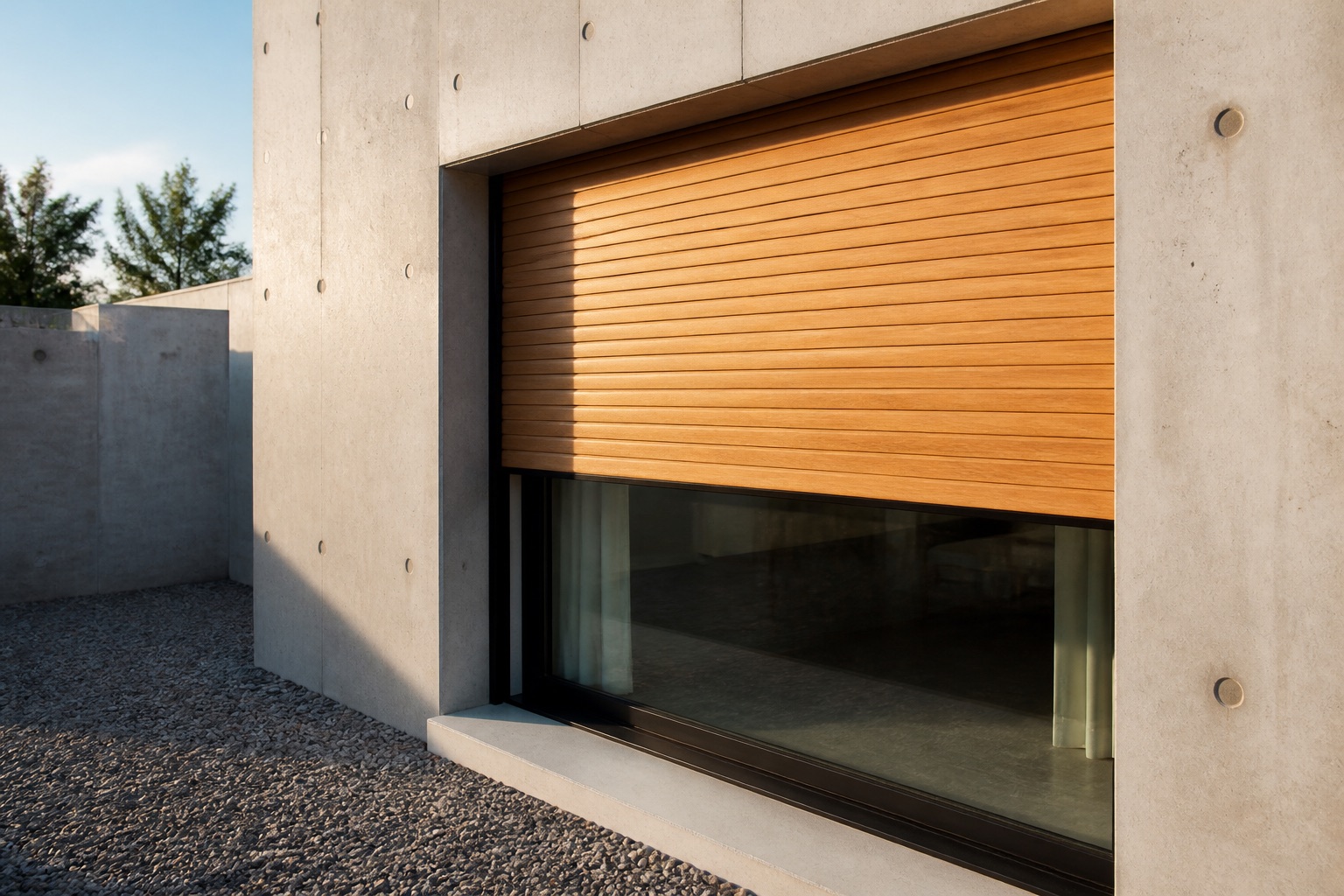 Avvolgibile in legno chiaro su un edificio contemporaneo