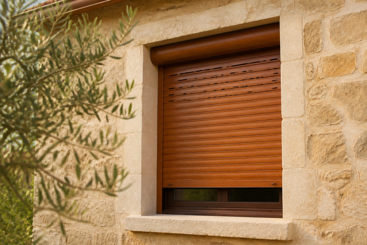 Avvolgibile in PVC effetto legno su una casa in pietra