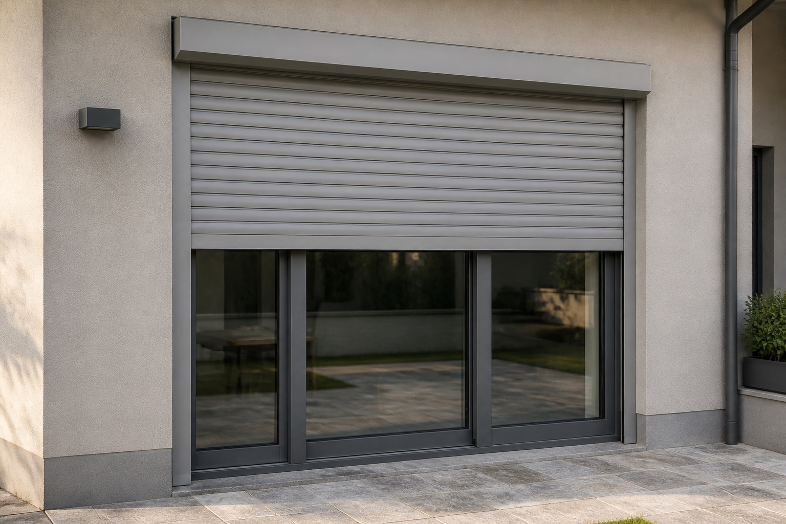 Avvolgibile in PVC grigio per una grande apertura vetrata