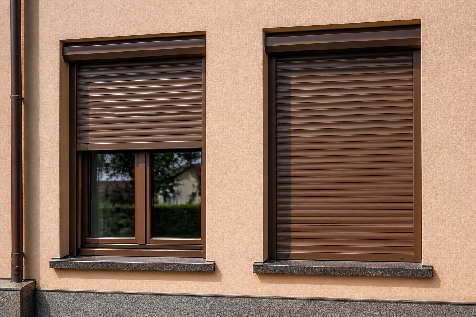 Due avvolgibili in PVC marrone in differenti posizioni